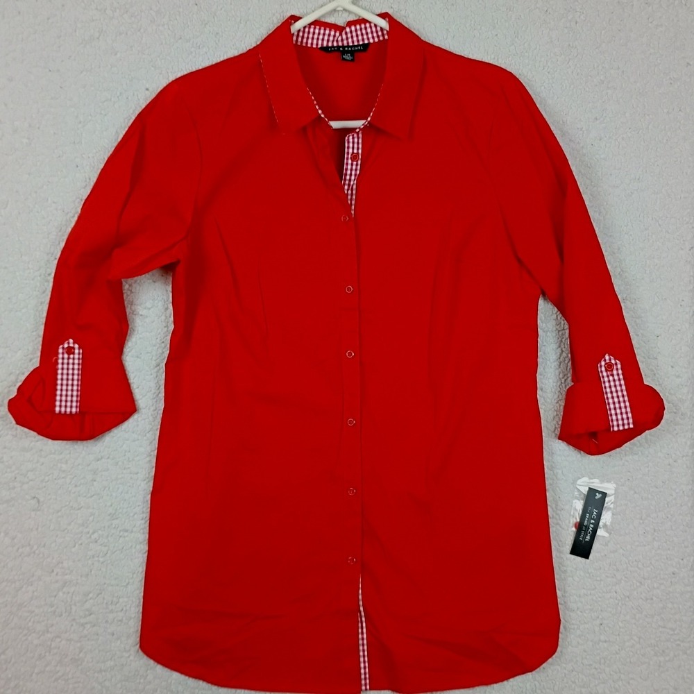 Zac & Rachel Button Down Women‎ Large Red Gingham Trim Roll Tab Tunic Shirt New